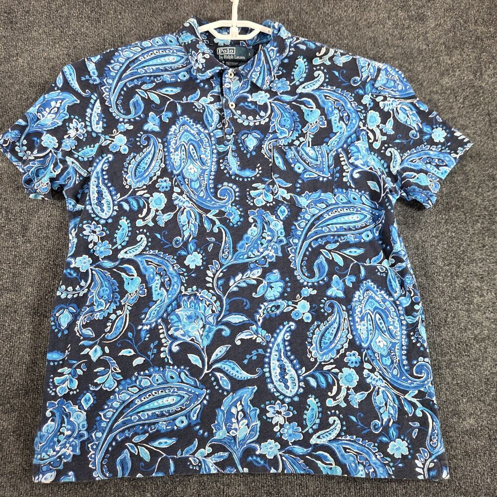 Polo Ralph Lauren Paisley Polo Shirt Mens L Black Blue Preppy Streetwear